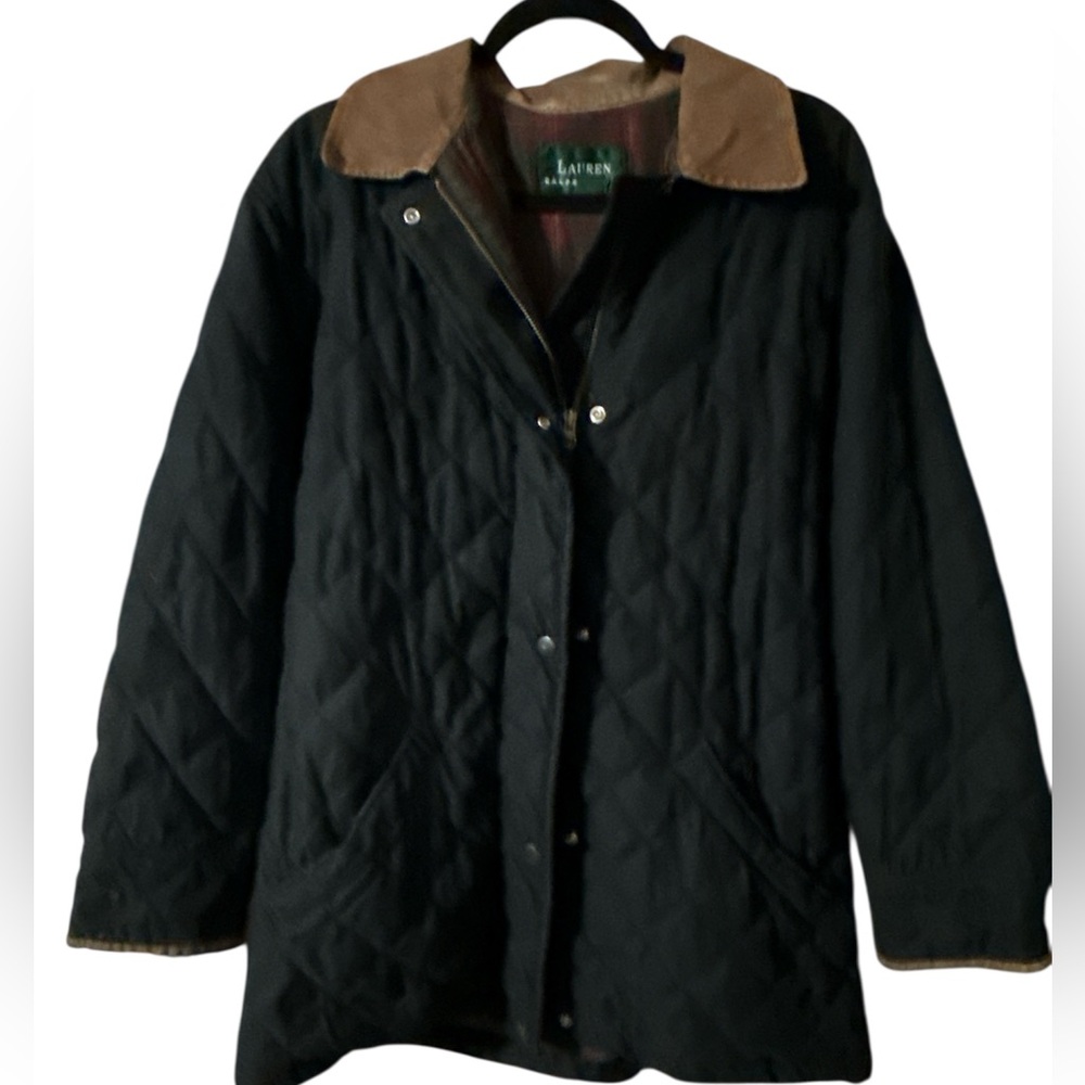 Lauren Ralph Lauren Black Quilted Jacket with Brown Corduroy Collar